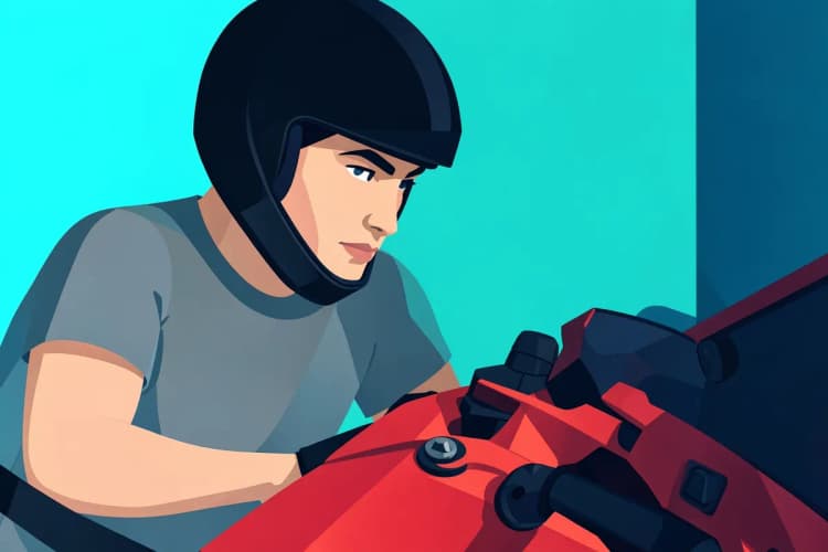 Um homem de capacete olha atentamente para uma moto em uma loja de aluguel.