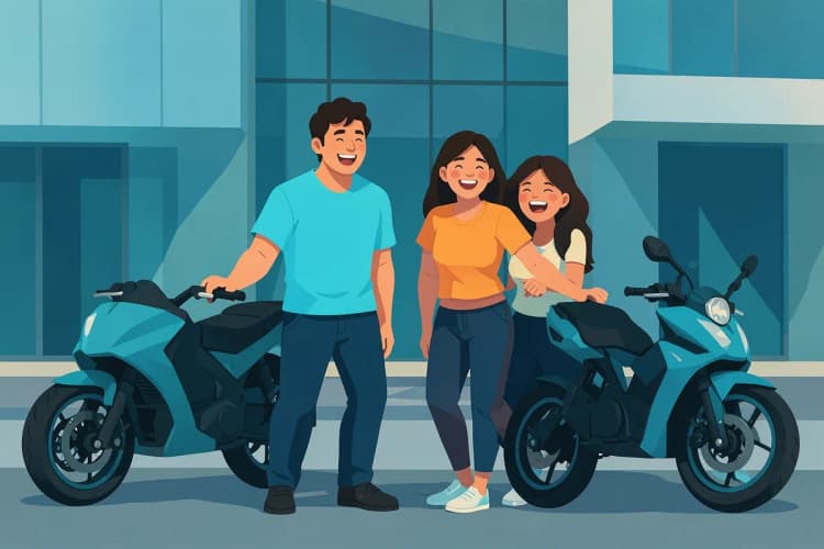 Um grupo de amigos sorrindo posa com várias motos alugadas em frente a um prédio.