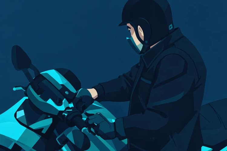 Um homem de capacete ajusta a luva antes de subir em uma moto alugada.
