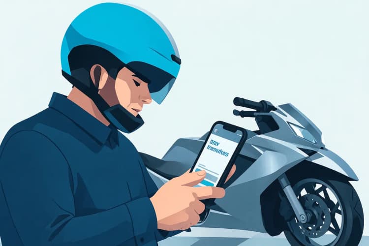 Um homem de capacete olha para um aplicativo de celular em frente a uma moto alugada.