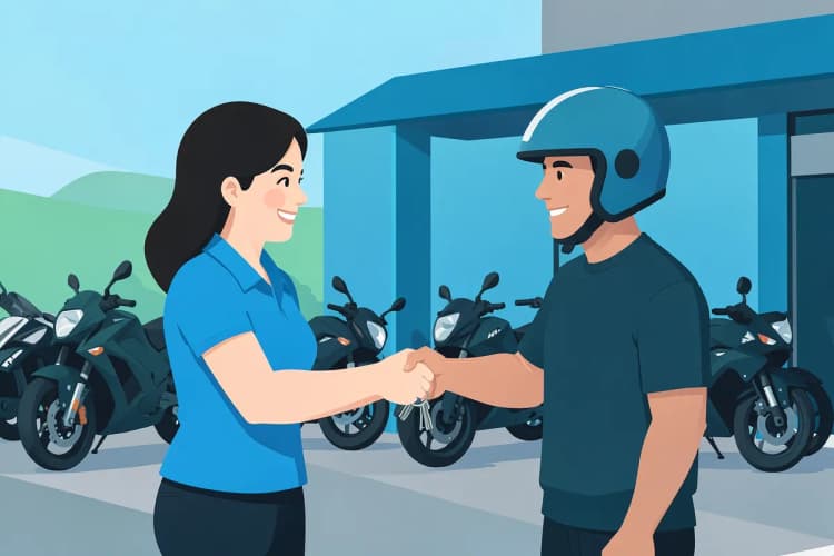 Uma mulher sorrindo entrega as chaves de uma moto para um homem, ambos em frente a uma loja de aluguel de motos.
