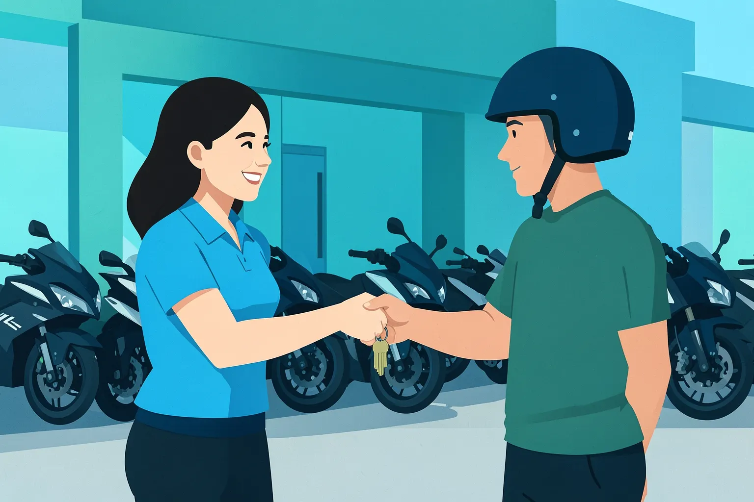Uma mulher sorrindo entrega as chaves de uma moto para um homem, ambos em frente a uma loja de aluguel de motos.