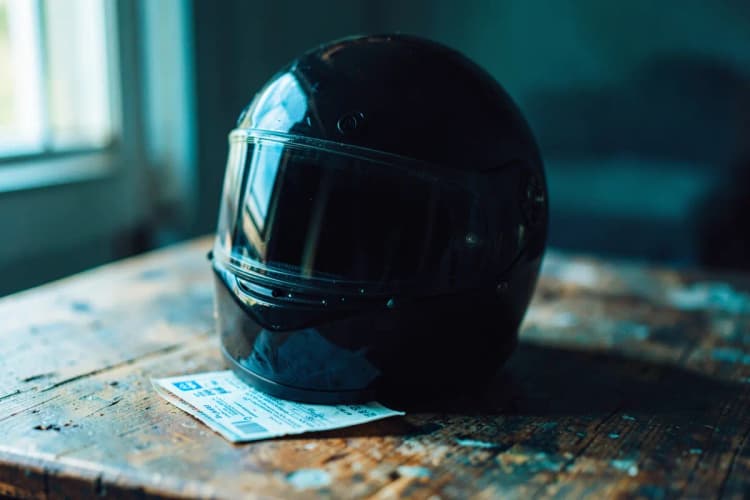 Um capacete de moto preto e um documento de identidade sobre uma mesa de madeira.