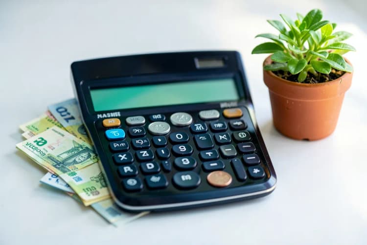 Uma calculadora com várias notas de dinheiro e moedas espalhadas sobre ela, ao lado de uma pequena planta verde em um vaso.