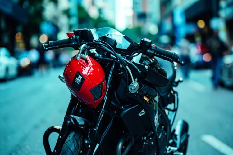 Uma moto preta com um capacete vermelho e um cadeado pendurado no guidão, em um fundo desfocado de uma rua movimentada.