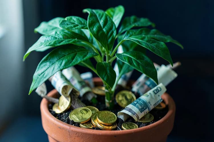 Uma planta crescendo em um vaso, com moedas de ouro saindo da terra e notas de dinheiro enroladas como se fossem galhos.