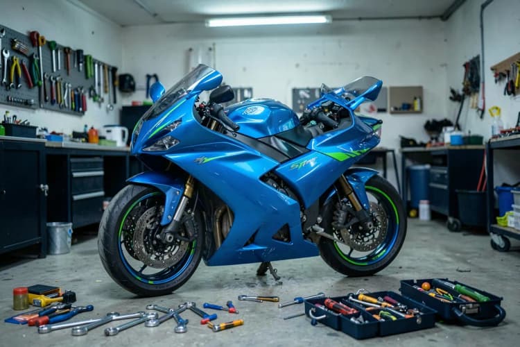 Uma moto esportiva azul estacionada em uma garagem com ferramentas espalhadas pelo chão e uma caixa de ferramentas aberta.