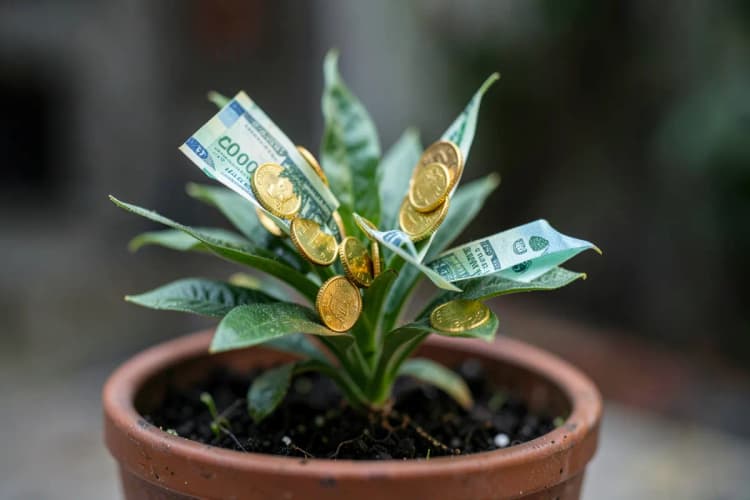 Uma pequena planta crescendo em um vaso, com moedas de ouro brotando das folhas e notas de dinheiro como se fossem pétalas.