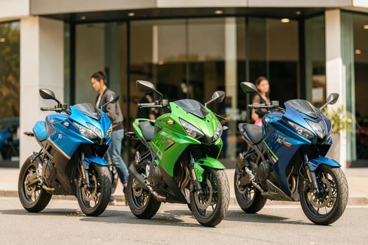 Três modelos diferentes de motos de entrega em frente a uma loja de franquia
