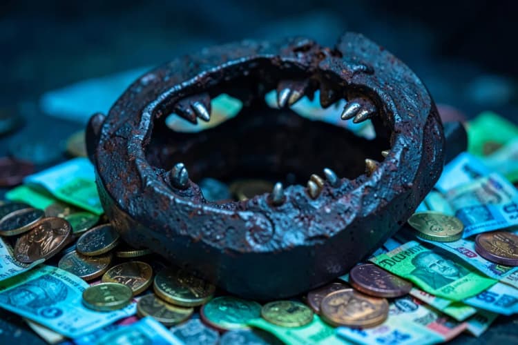 Uma armadilha de urso aberta sobre moedas e notas de dinheiro simulando um investimento arriscado