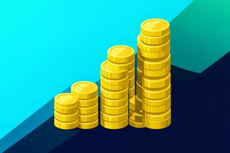 Gráfico de barras ascendente com moedas de ouro empilhadas ao lado, simbolizando o retorno financeiro
