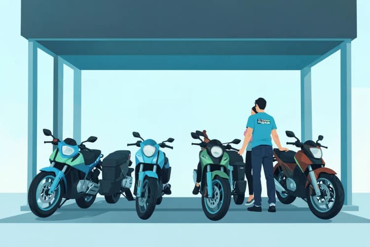 Motos sendo estacionadas em uma área de locação com funcionários organizando e clientes escolhendo