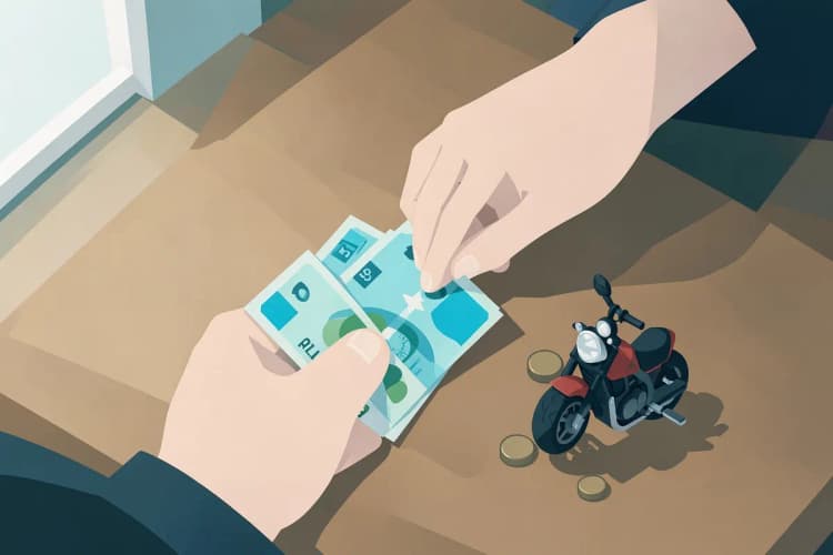 Close-up de mãos contando notas de dinheiro e moedas sobre uma mesa com uma pequena motocicleta de brinquedo