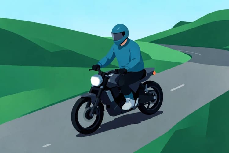 Homem de capacete andando de moto em uma estrada ensolarada com paisagens verdes