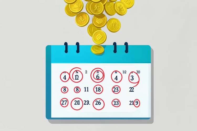 Calendário com dias marcados em vermelho e moedas caindo, representando o tempo de retorno do investimento