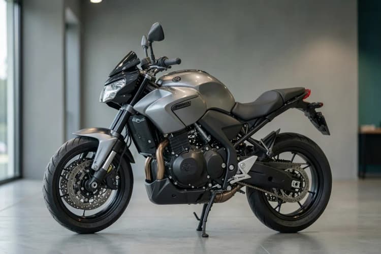 Uma moto Triumph Tiger 900 cinza e preta em um ambiente de showroom com iluminação suave.