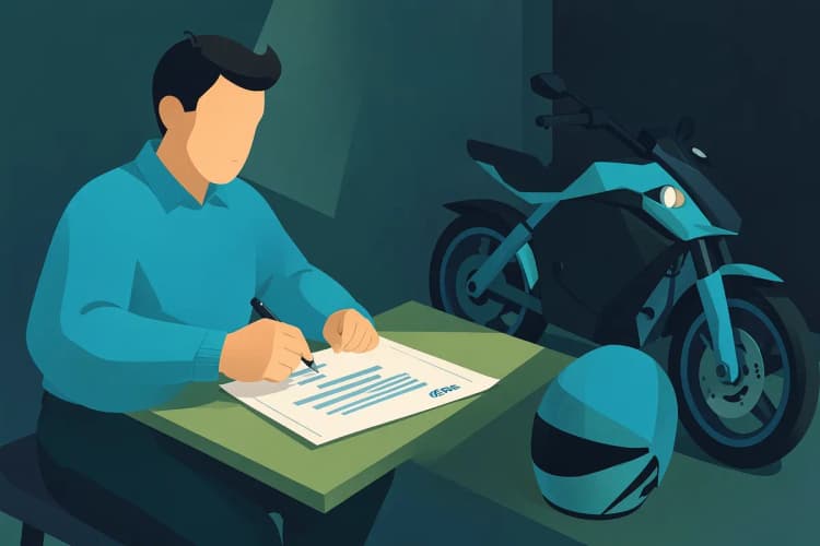 Uma pessoa assinando um contrato em uma mesa, com uma moto e um capacete ao lado.