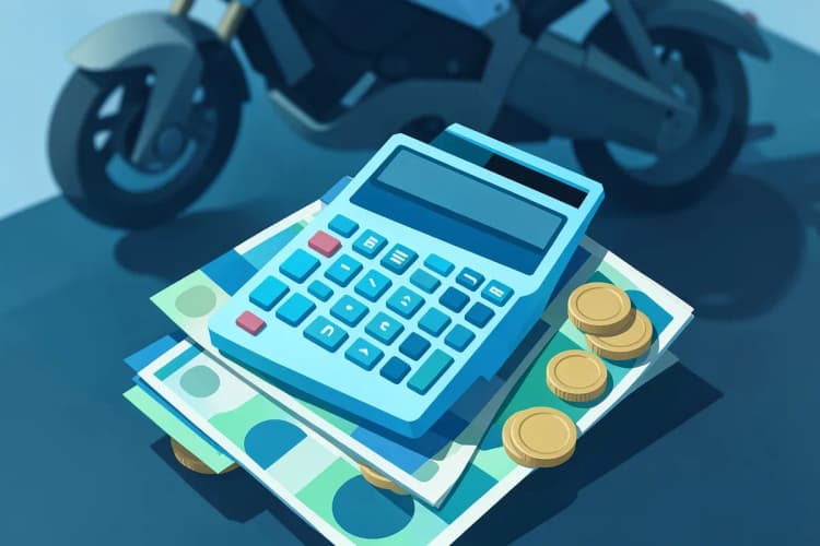 Uma calculadora sobre notas de dinheiro e moedas, com uma moto desfocada ao fundo.