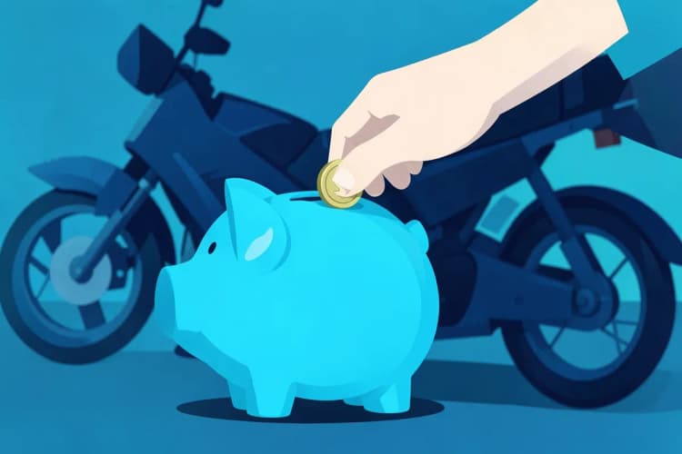 Uma mão colocando uma moeda em um cofrinho em forma de porco, com uma moto ao fundo.