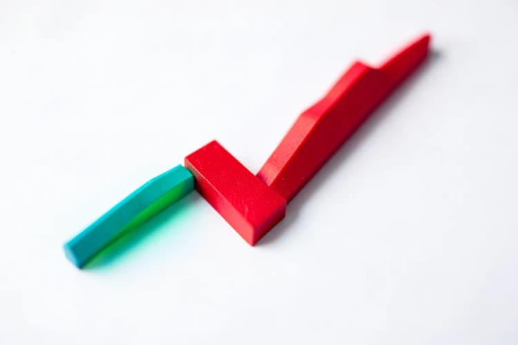 Um gráfico de barras vermelho caindo acentuadamente, com uma seta apontando para baixo, sobre um fundo branco desfocado.