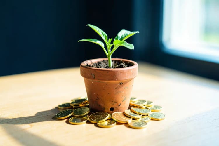 Uma planta crescendo em um vaso, com moedas de ouro ao redor da base, em uma mesa iluminada pelo sol.