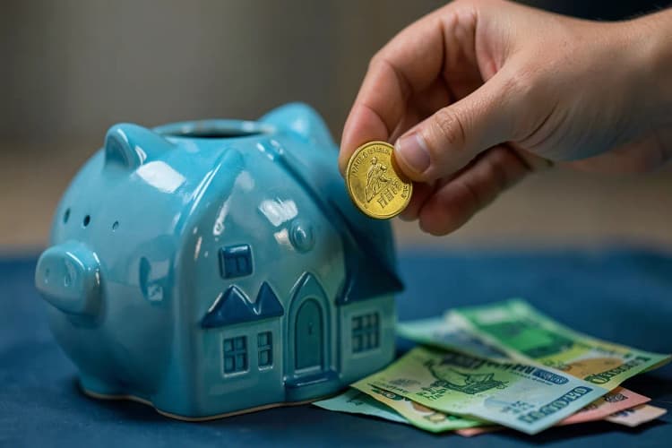 Uma mão colocando uma moeda em um cofrinho em forma de casa, com notas ao lado.