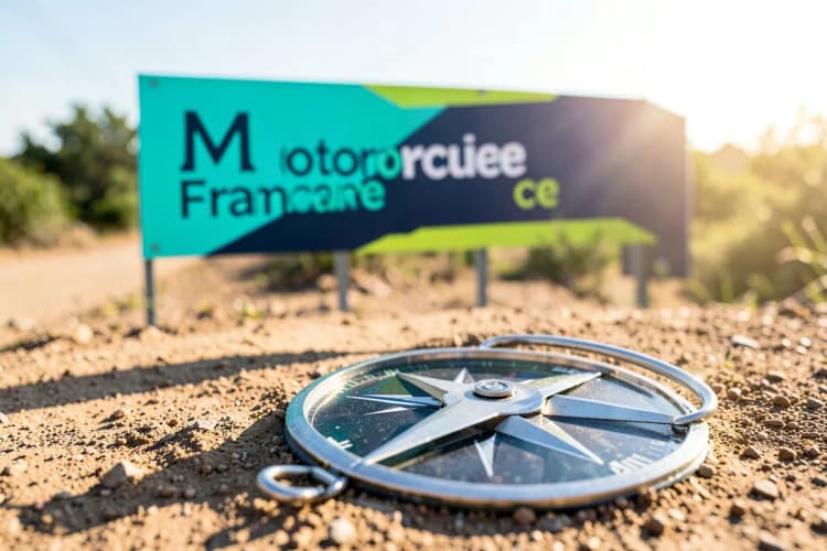 Uma bússola apontando para uma placa com as palavras "Franquia de Motos" em uma estrada de terra.