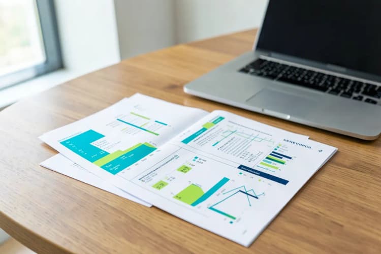 Um plano de negócios aberto com gráficos e diagramas em uma mesa, ao lado de um laptop e um copo de café.