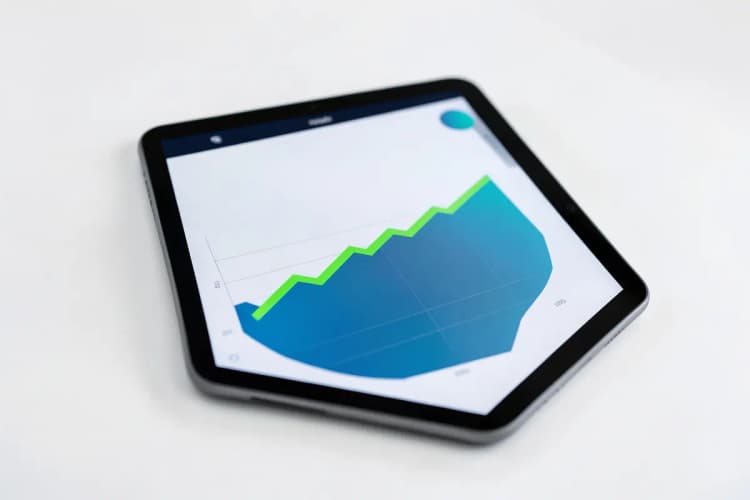 Um gráfico de linha ascendente em um tablet exibindo dados de desempenho, com uma mão segurando o tablet.