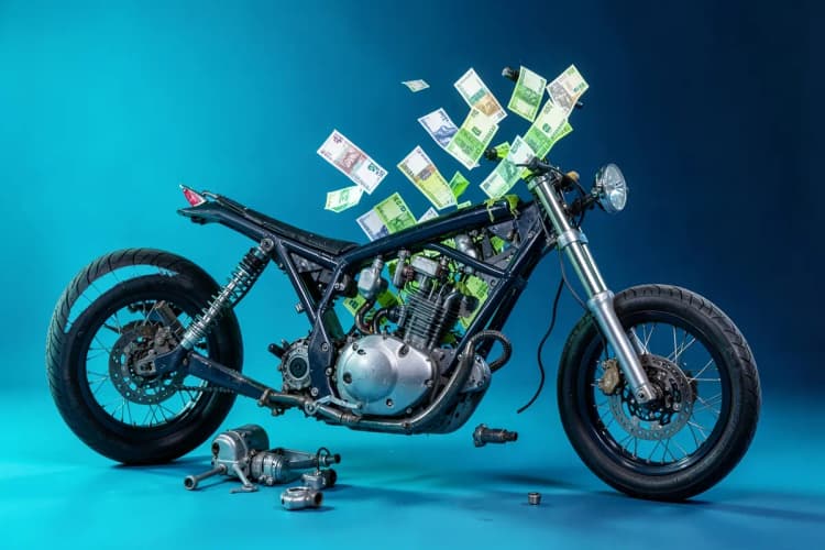 Uma motocicleta sendo desmontada em peças com notas de dinheiro saindo delas, simbolizando os custos e riscos financeiros na locação de motos.