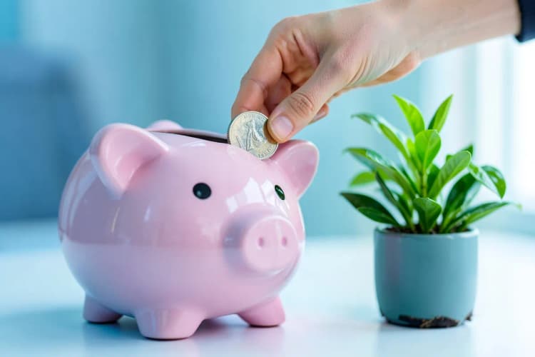Uma mão colocando uma moeda em um cofrinho em forma de porquinho, com uma planta crescendo ao lado, representando economia e investimento para evitar riscos financeiros.