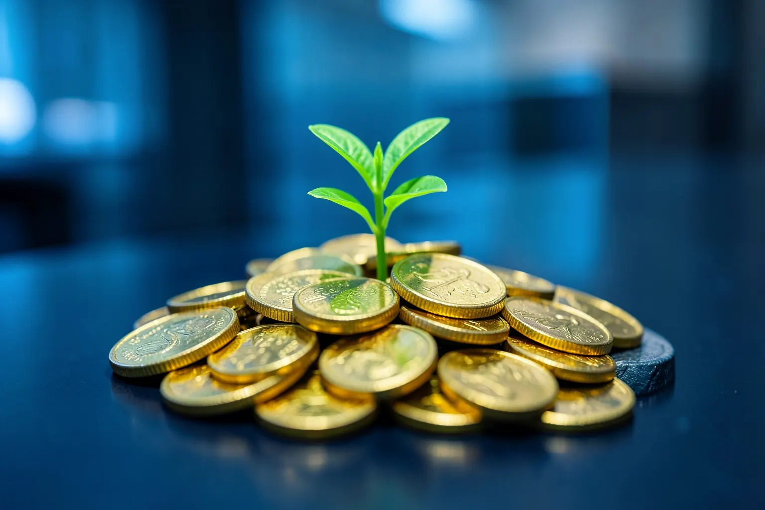 Moedas de dinheiro empilhadas com uma pequena planta crescendo em cima, simbolizando investimento e crescimento financeiro em um negócio.