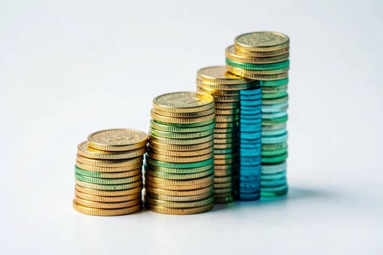 Gráfico de barras ascendente feito de moedas de ouro empilhadas, representando crescimento financeiro.