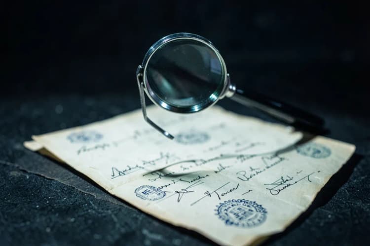 Uma lupa examinando um contrato com selos e assinaturas, simbolizando análise e verificação.