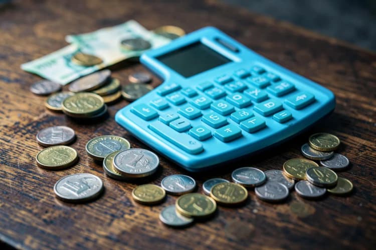 Uma calculadora ao lado de moedas e notas de dinheiro em uma superfície de madeira, representando cálculo de rentabilidade.