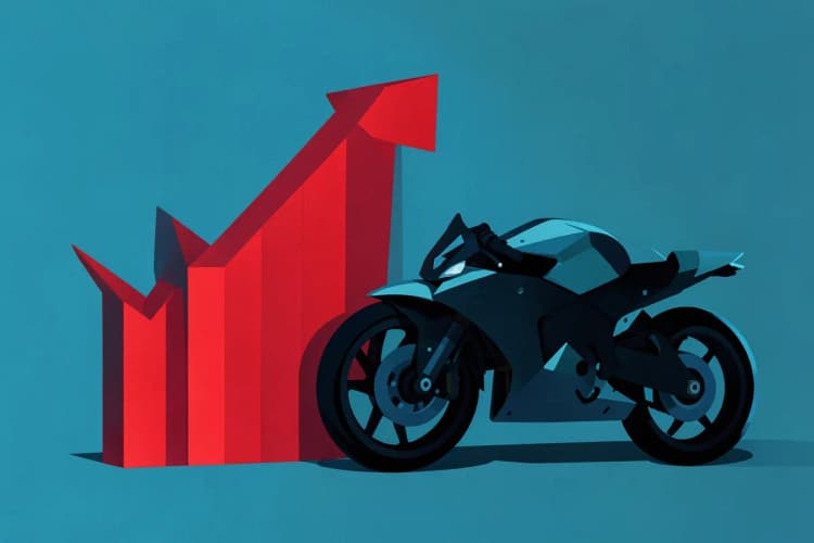 Gráfico de barras caindo com símbolo de dinheiro e moto ao lado
