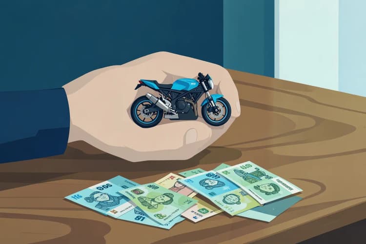 Pessoa pensativa olhando para um modelo de moto em miniatura em cima de uma mesa com notas de dinheiro