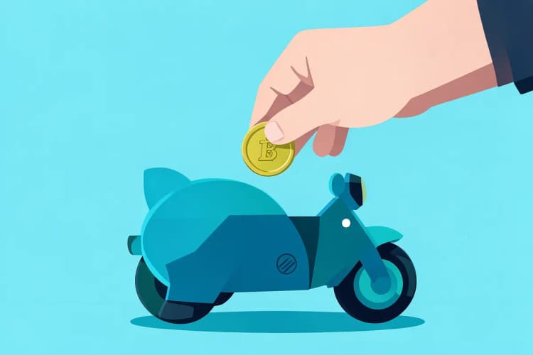 Mão colocando uma moeda em um cofrinho em forma de moto
